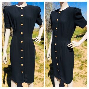 Vintage CHAUS Black Button-Down High High Shoulder Puff Sleeve Wiggle Dress